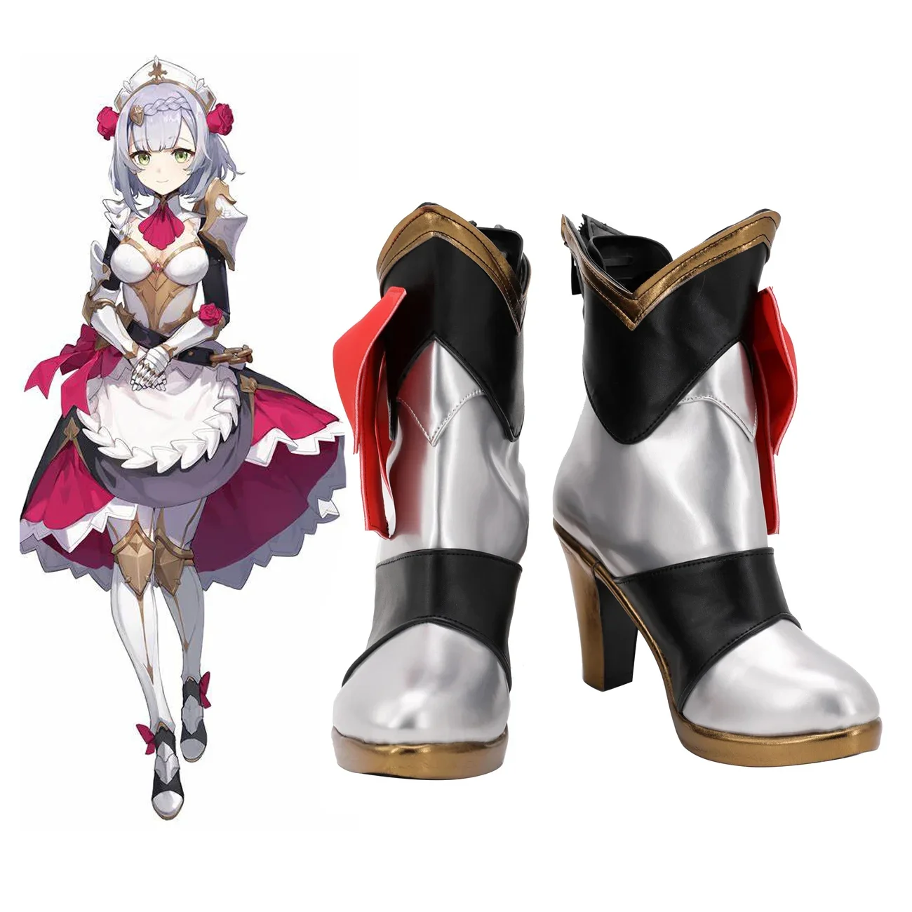 Genshin Impact Noelle Cosplay Boots High Heel Shoes Silver Custom Made Any Size