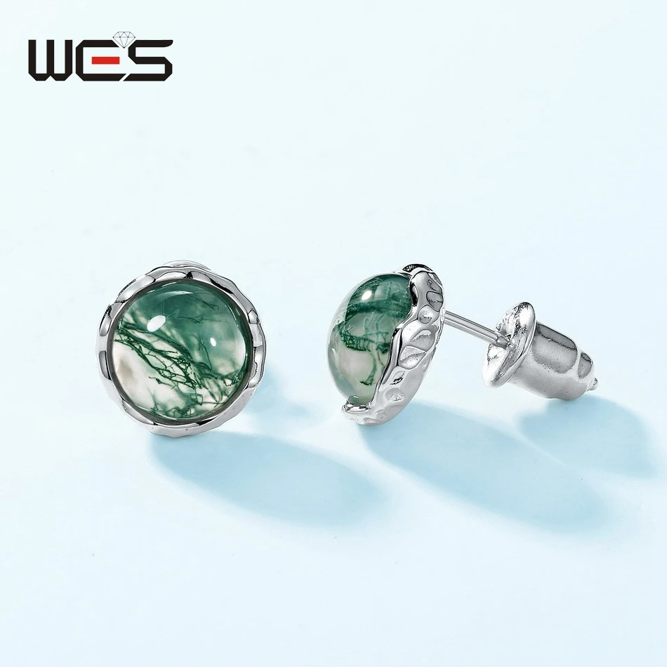 WES 925 Sterling Silver Stud Earrings for Woman Natural Moss Agate 8*8mm Fashion Valentine Anniversary Gift Certified Jewelry