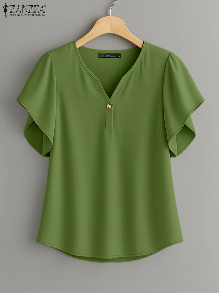 

2025 ZANZEA Women Summer Blouses Stylish Solid Work Shirts Elegant V Neck Short Sleeve Blusas Casual Tunic Tops Femme Chemise