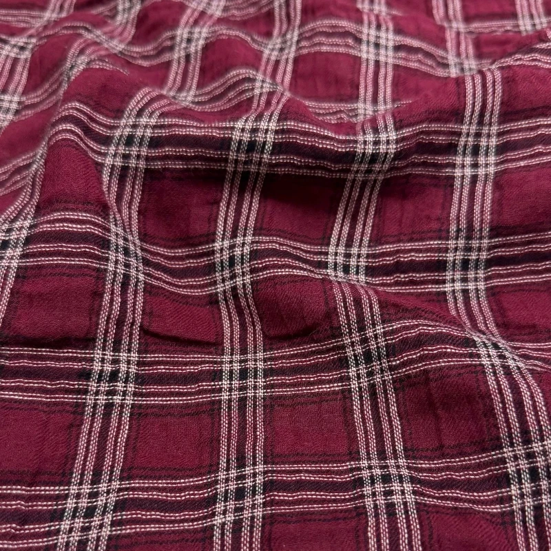 Thin Wine Red Woven Plaid Pure Cotton Fabric Slightly Translucent Shirt Dress Plaid All Cotton Spring and Summer Fabric