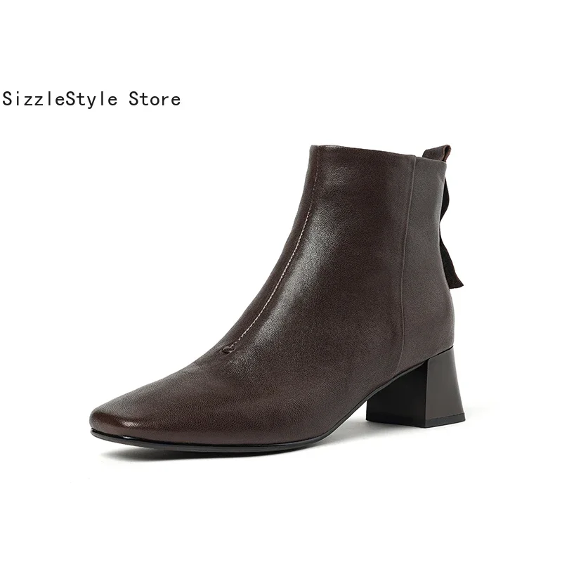 

Spring and Autumn Simple Leather Square Head Side Zipper Sewing Comfortable Thick Heel Versatile Women's Boots