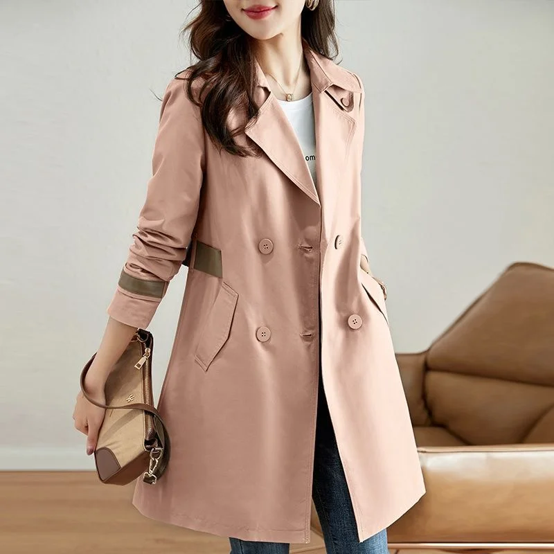 Double Breasted Windbreaker Women\'s Spring and Autumn 2024 New Fashion Popular Long Popular Coat Female Suit Collar Coat Pink