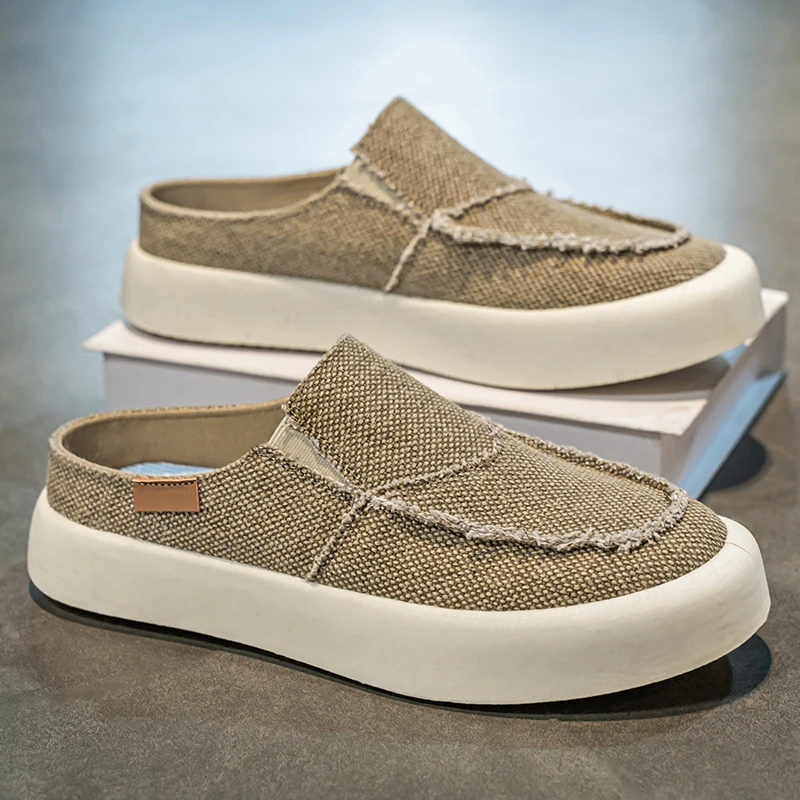 

HKDQ модная мужская повседневная обувь, дышащие мужские полутапочки на платформе, мягкие удобные парусиновые туфли без шнуровки, мужская тканевая обувь