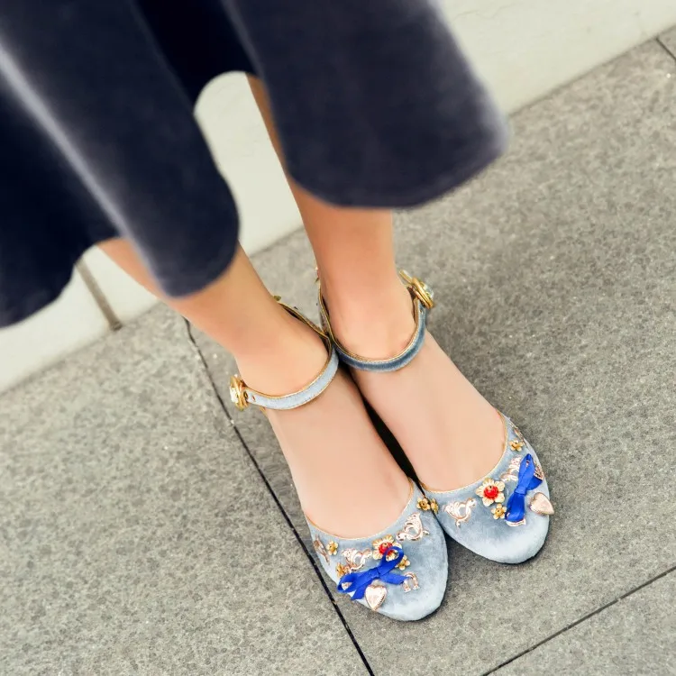 Light Blue Velvet Women Mary Jeans Pumps Copper Decorations Shallow Zapatos Mujer Vintage Ankle Strap Black Square High Heels