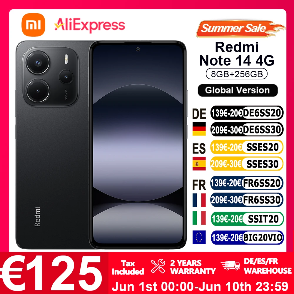 Version mondiale Xiaomi Redmi Note 14 4G NFC Smartphone MediaTek Helio G99-Ultra 108MP AI Caméra 6.67" 120Hz Affichage 5500mAh 33W turbo charge MediaTek Helio G99-Ultra Corning Gorilla Glass 5 Capteur