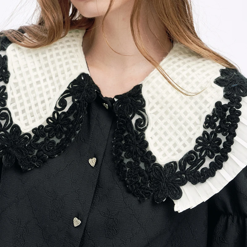 ELFSACK Preppy Solid Lace Lapel Heart Button Blouse For Women