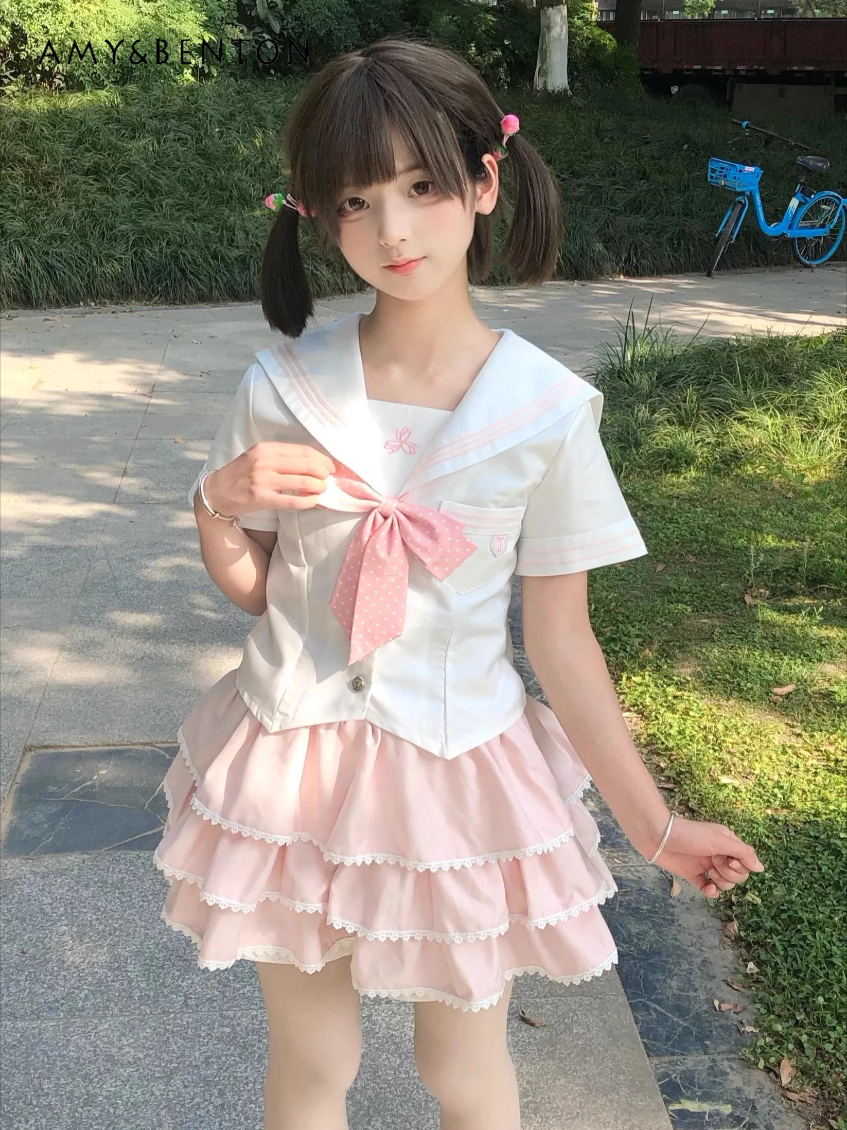

Original Japanese Sailor Suit Sweet Cute Jk Uniform Suit Summer Splicing Color Short-sleeved Shirt Pleated Skirt Two-piece Set