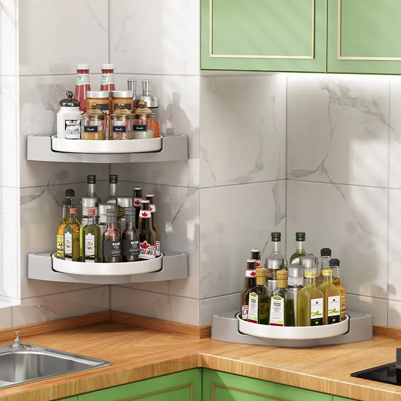 Storage Shelves Corner Rack Rotatable Multifunctional Wall-mounted Bathroom Kitchen Condiment Portable Storage Rack Space-saving