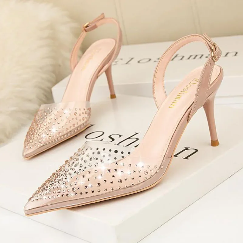 7cm Elegant Woman Heeled Shoes Pointed Toe High Heels Transparent Rhinestone Women Shoes Sandals 40 41