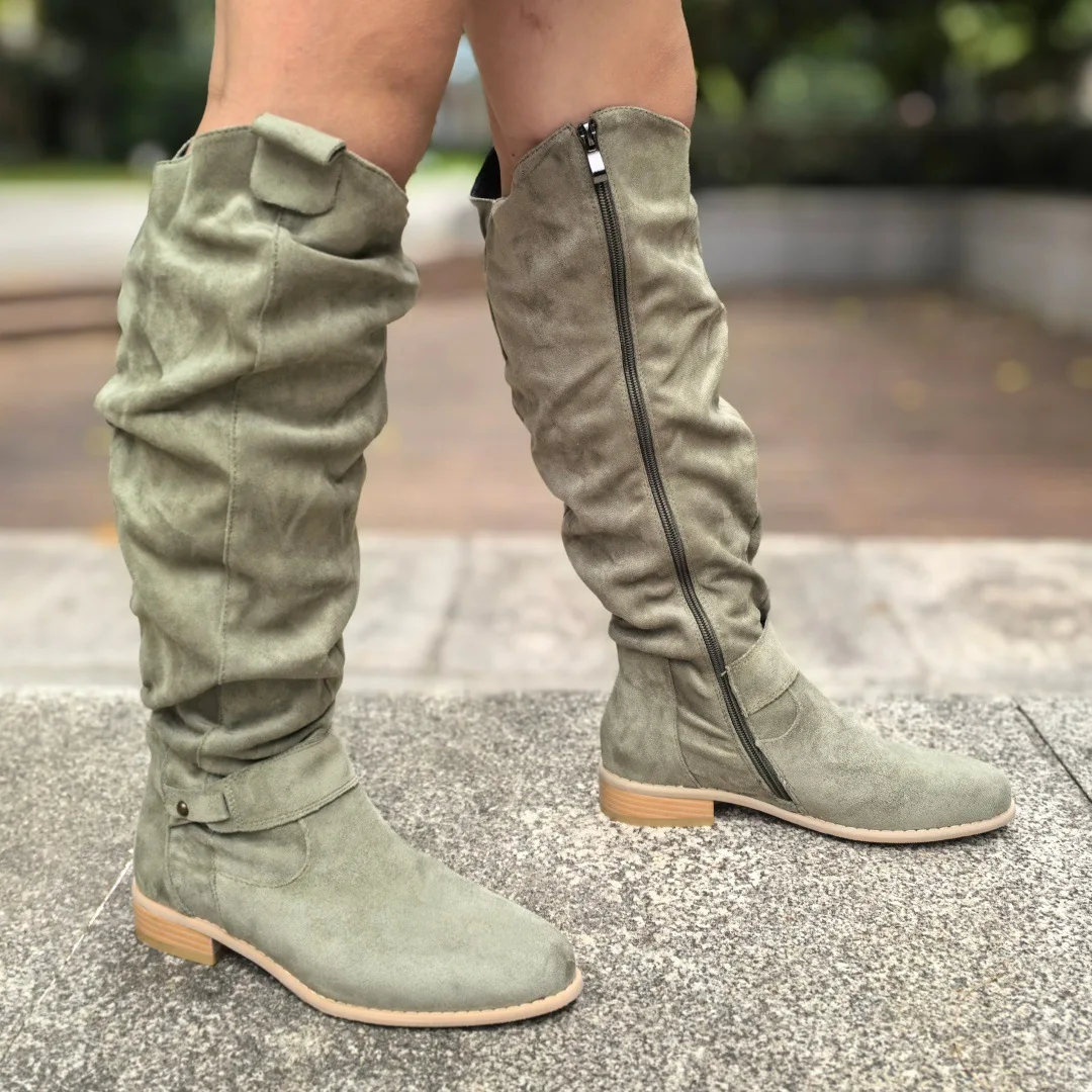 حجم كبير 45 الجلد المدبوغ كعب منخفض أحذية عالية النساء الخريف الشتاء الرجعية Nubuck الجلود منتصف العجل أحذية امرأة قطيع الركبة عالية طويلة Bootie