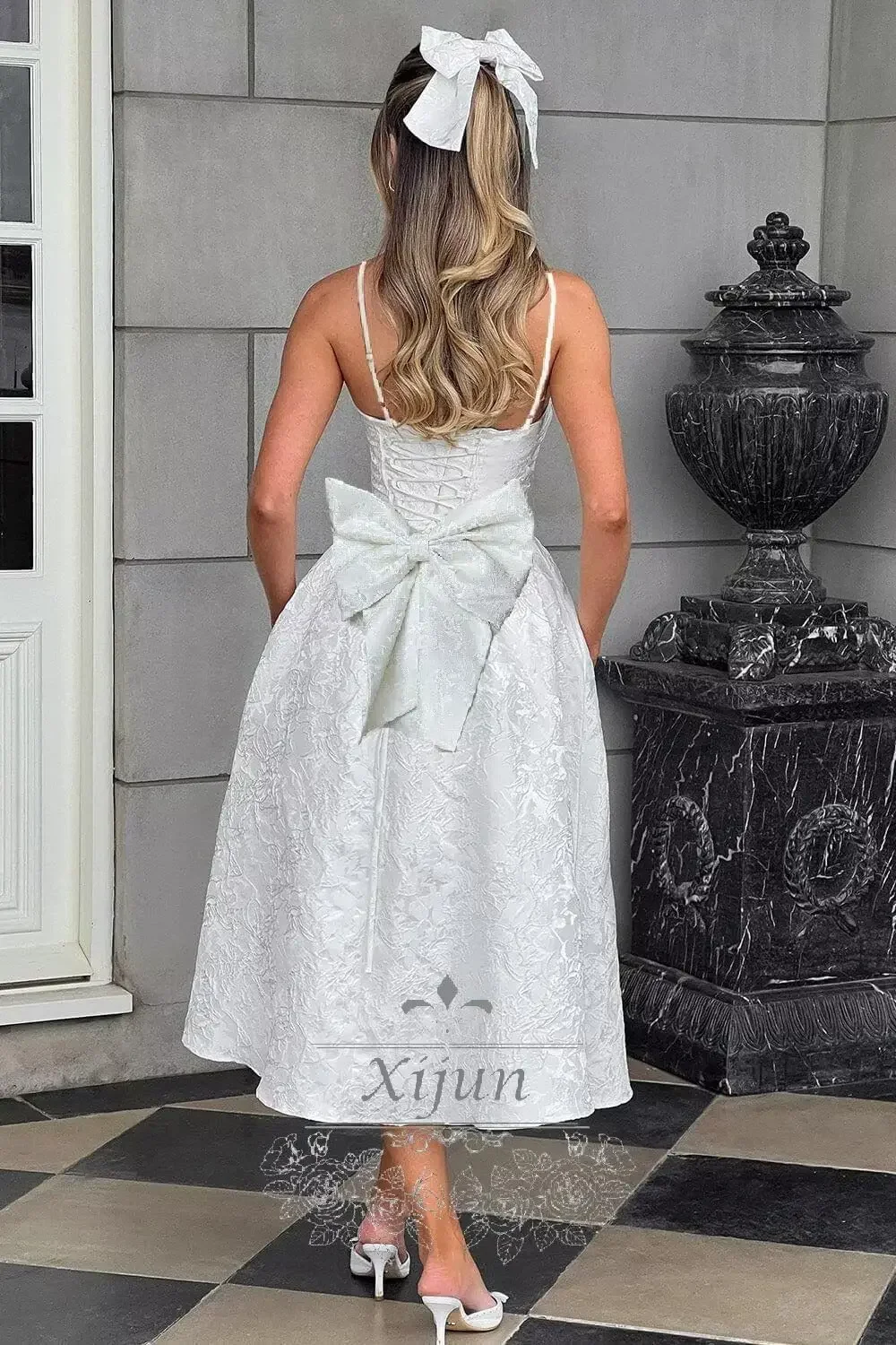 المرأة طول الشاي القوس مفتوح الظهر Bodycon فستان حفلة رسمية ألف خط مساء فستان التخرج الجاكار الساتان فساتين لحضور الحفلات الموسيقية