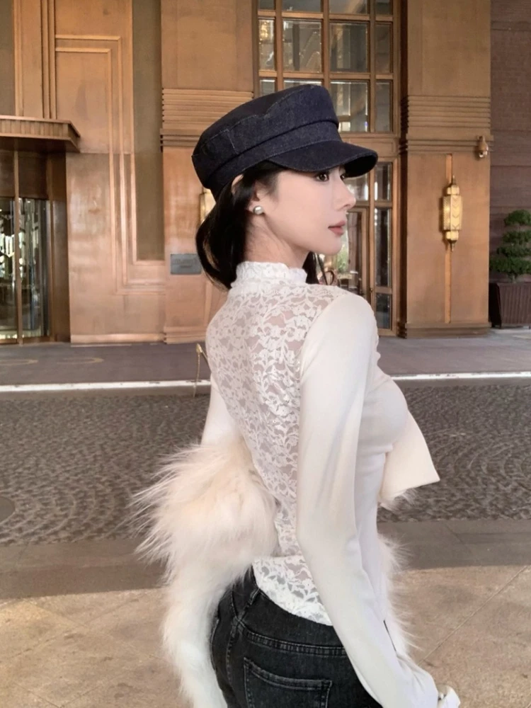 Sexy Elegant Top Women Autumn Winter French Style Lace Patchwork Bow Design Slim Fit Retro Chic Hot Stylish Club Party Outfit