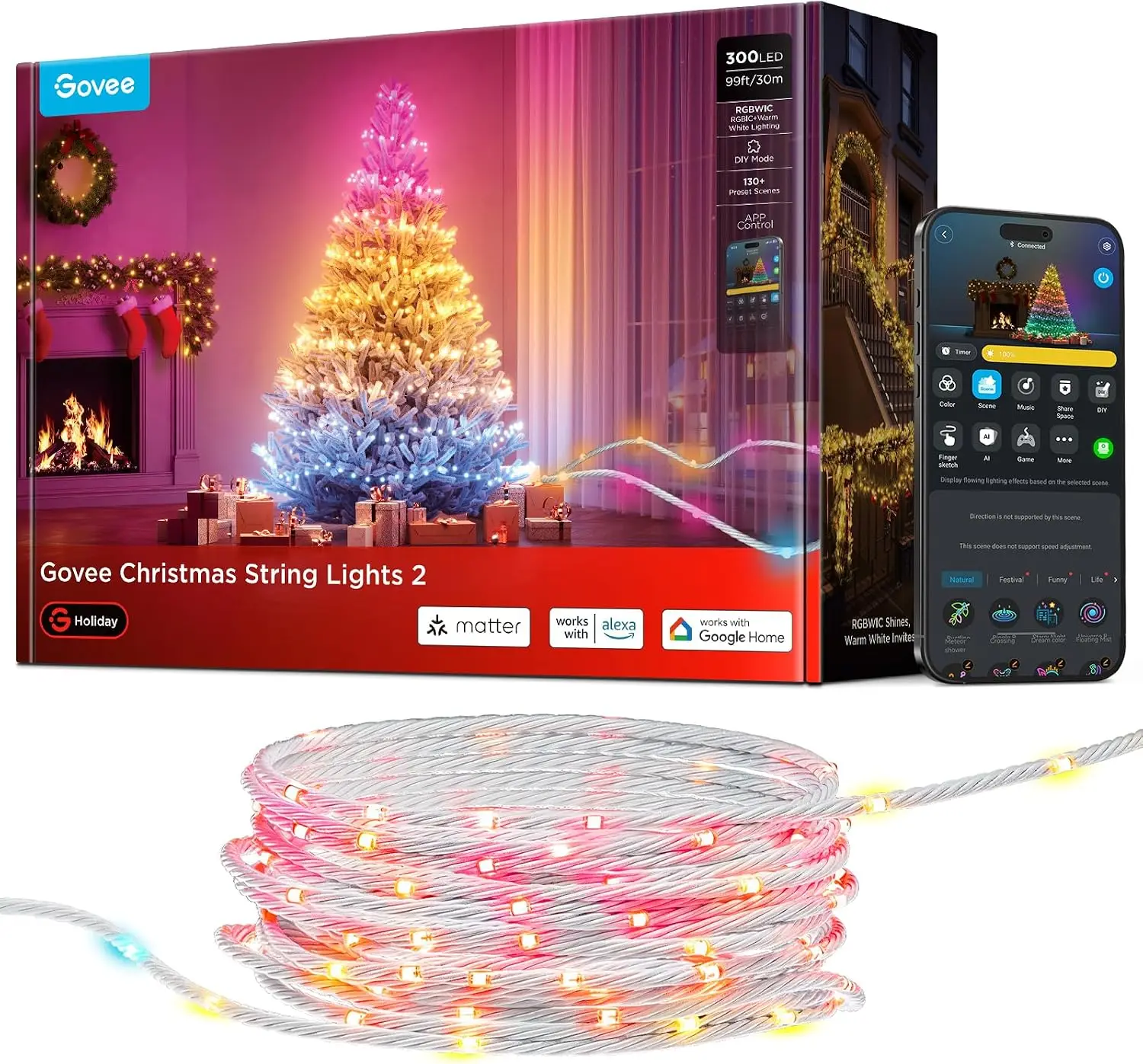 2-Pack Christmas Lights and Halloween String Lights, 99 FT, 300 LEDs, Clear Wire