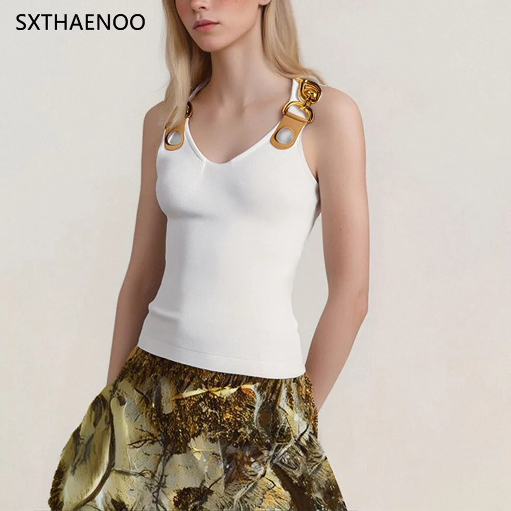 

SXTHAENOO Womens White Black Top With Gold Buckle Straps U Neck Sleeveless Vest Casual Fashion Summer Metal Chain Detail 2025