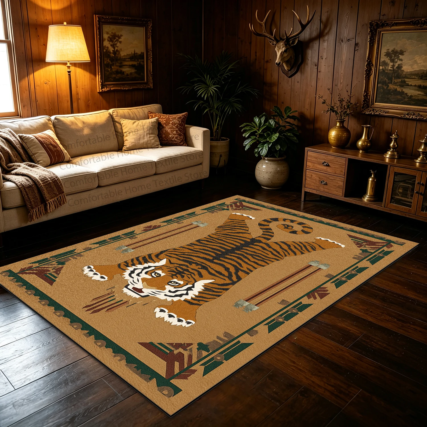 European American Style Retro Tiger Living Room Carpet Non-slip Easy Cleaning Foldable Lounge Rug Washable Soft Bedroom Carpet