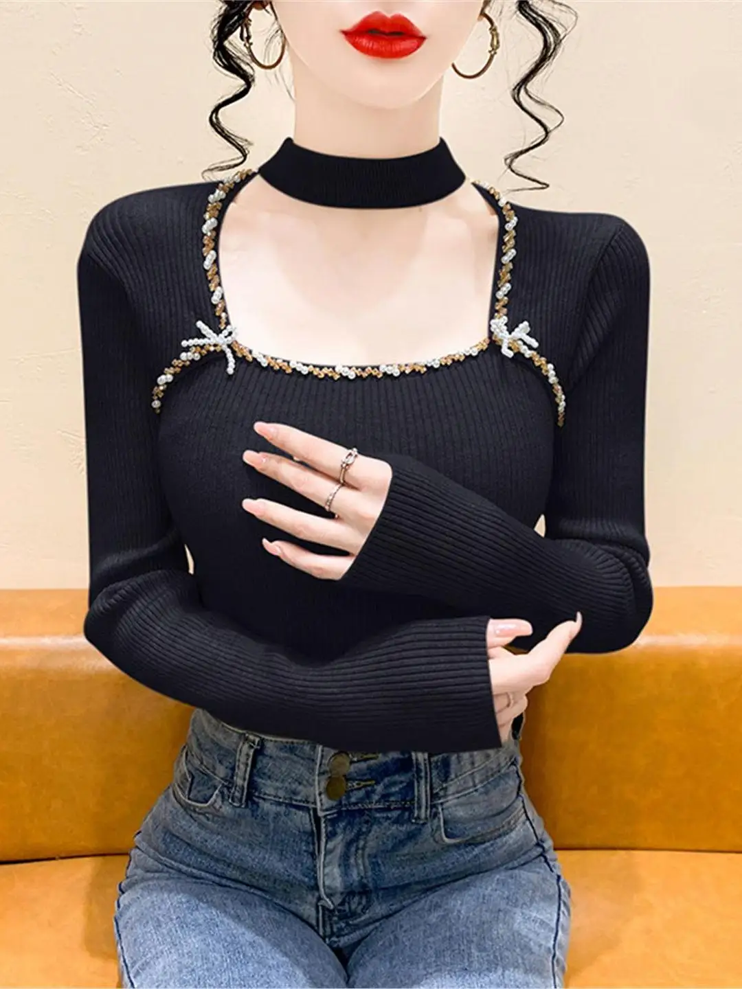 Feminino longo sve gola quadrada camisola de malha fino ajuste interior irt topo inverno faion sensação grânulo design ne pendurado