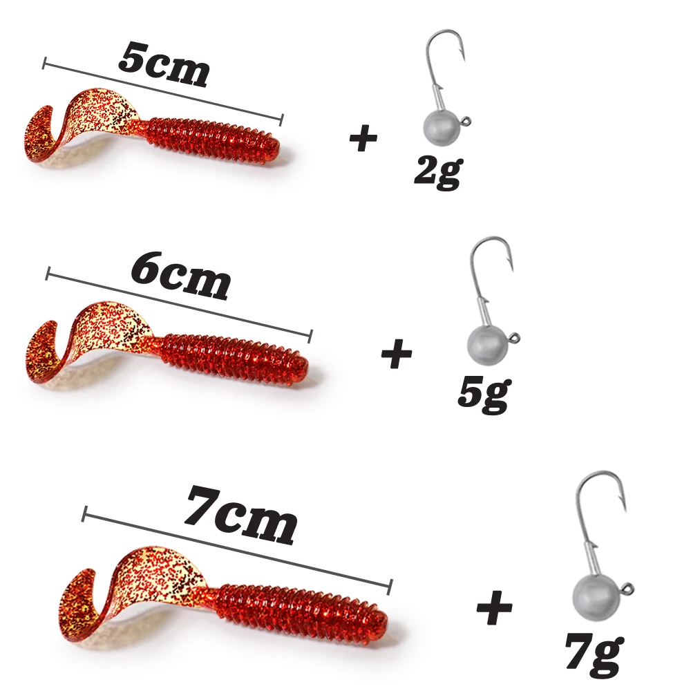 50PCS Metal Jig Bait 5cm 6cm 7cm T Tail Grub Worm Soft Lure 2g 5g 7g Jigging Head Hook Fishing Tackle Box Sinking Pesca Swimbait