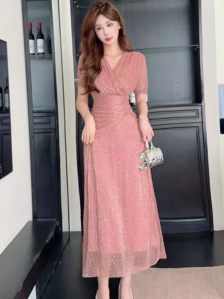 

Women Pink Sequins Short Sleeve V-Neck Midi Dress 2025 Korean Vintage Luxury Evening Dress Summer Elegant Bodycon Birthday Dress