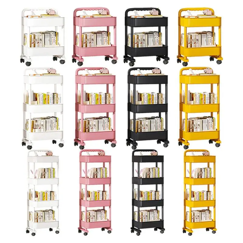 Movable Bookshelf Cart Reusable Rolling Storage Cart Movable Bookshelf for Kitchen, Bedroom, Living Room and Laundry Room