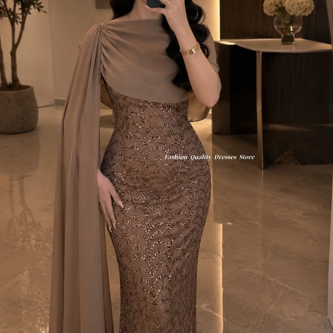 Evening Dresses Brown Sequin Mermaid Formal Gowns Cape Chiffon Drape Long Elegant Wedding Guest Party Evening Dresses Customized