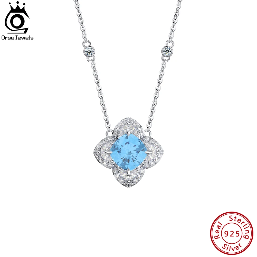 

ORSA JEWELS Created Aquamarine Sterling Silver Faux Diamond Necklace Women's Trendy Halo Pendant Anniversary Jewelry Gift LZN07