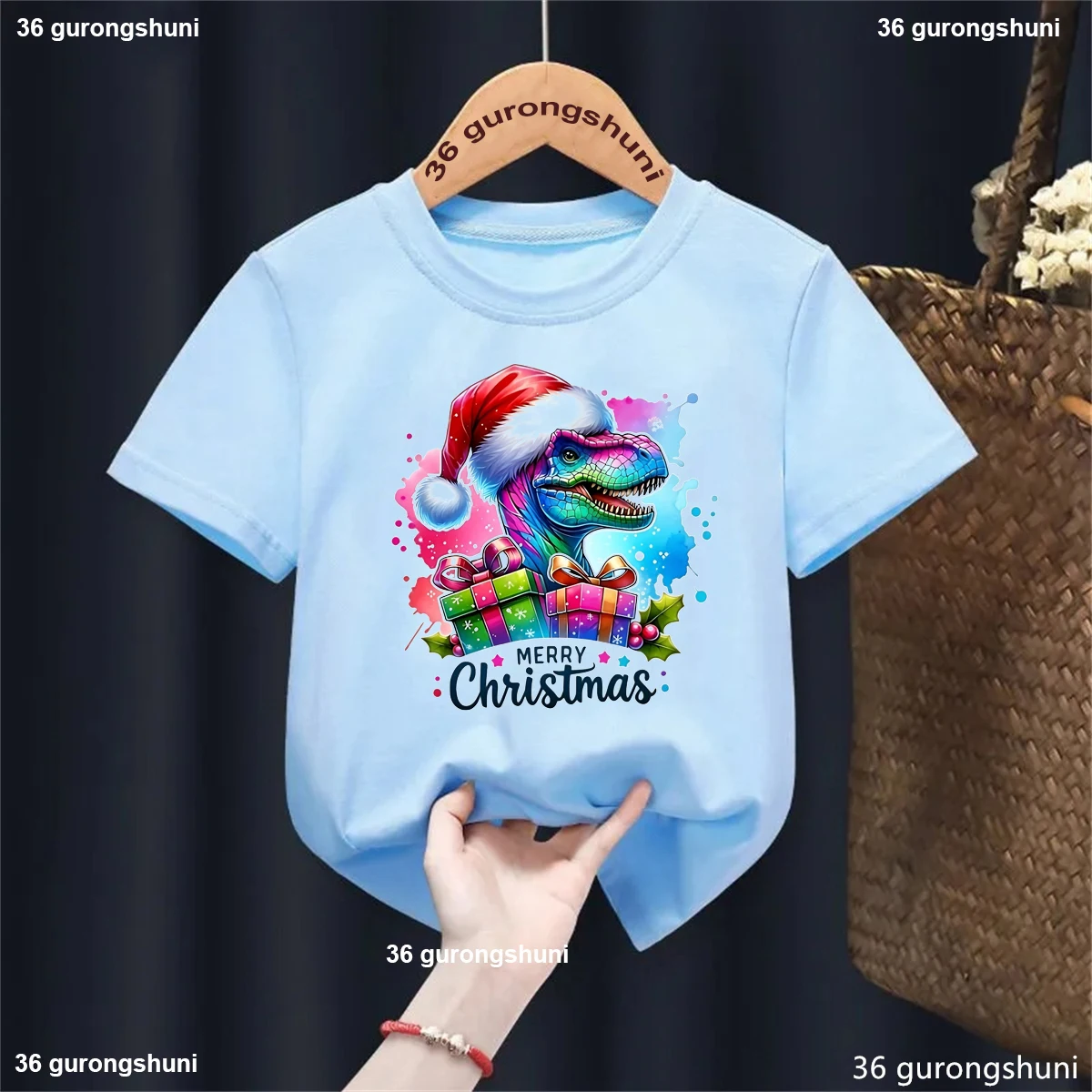 

Funny Soild T-Shirt Watercolor Merry Christmas Dinosaur Graphic Printed T Shirt Girls/Boys Harajuku Kawaii Kids Clothes Tops