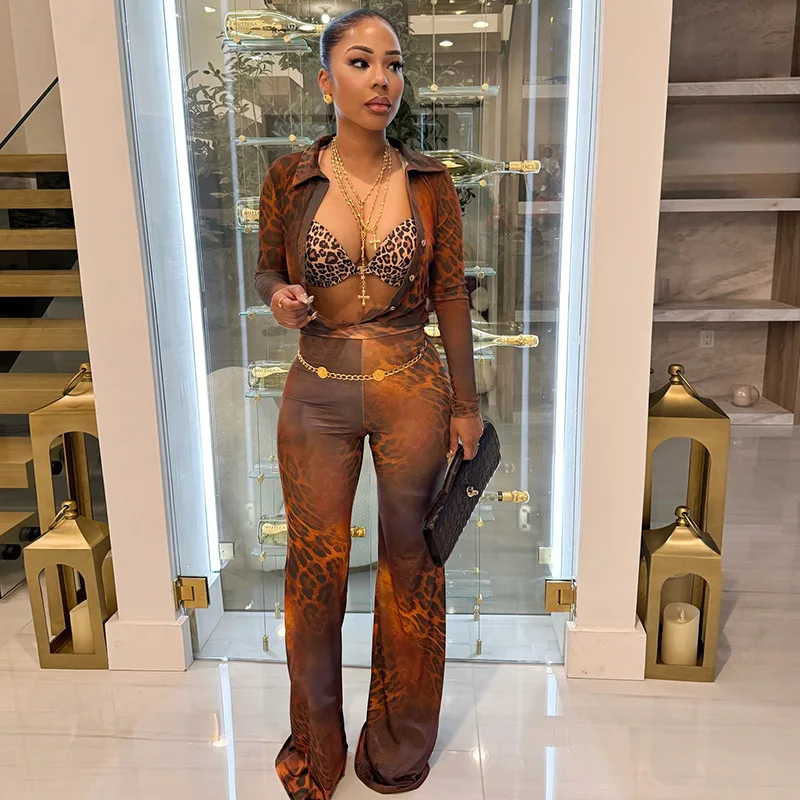 

Leopard Print See Through Mesh 2 Piece Set Women Fashion Single Breasted Long Sleeve Shirts Tops + Loose Straight Pants Suits