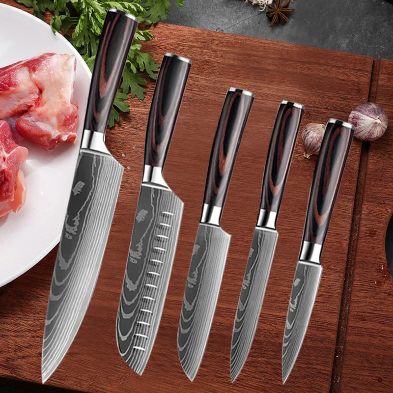 

1-5pcs Japanese Santoku Knife Chef Knife Set Damascus Laser Meat Cleaver Household Vegetable Slicing Fruit Knife Cooking Tool