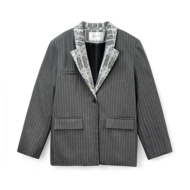 HKSH Primavera Autunno Nuovo Blazer da donna a righe Color Block Colletto rovesciato Tasche con bottone singolo Giacca elegante di fascia alta HK13900
