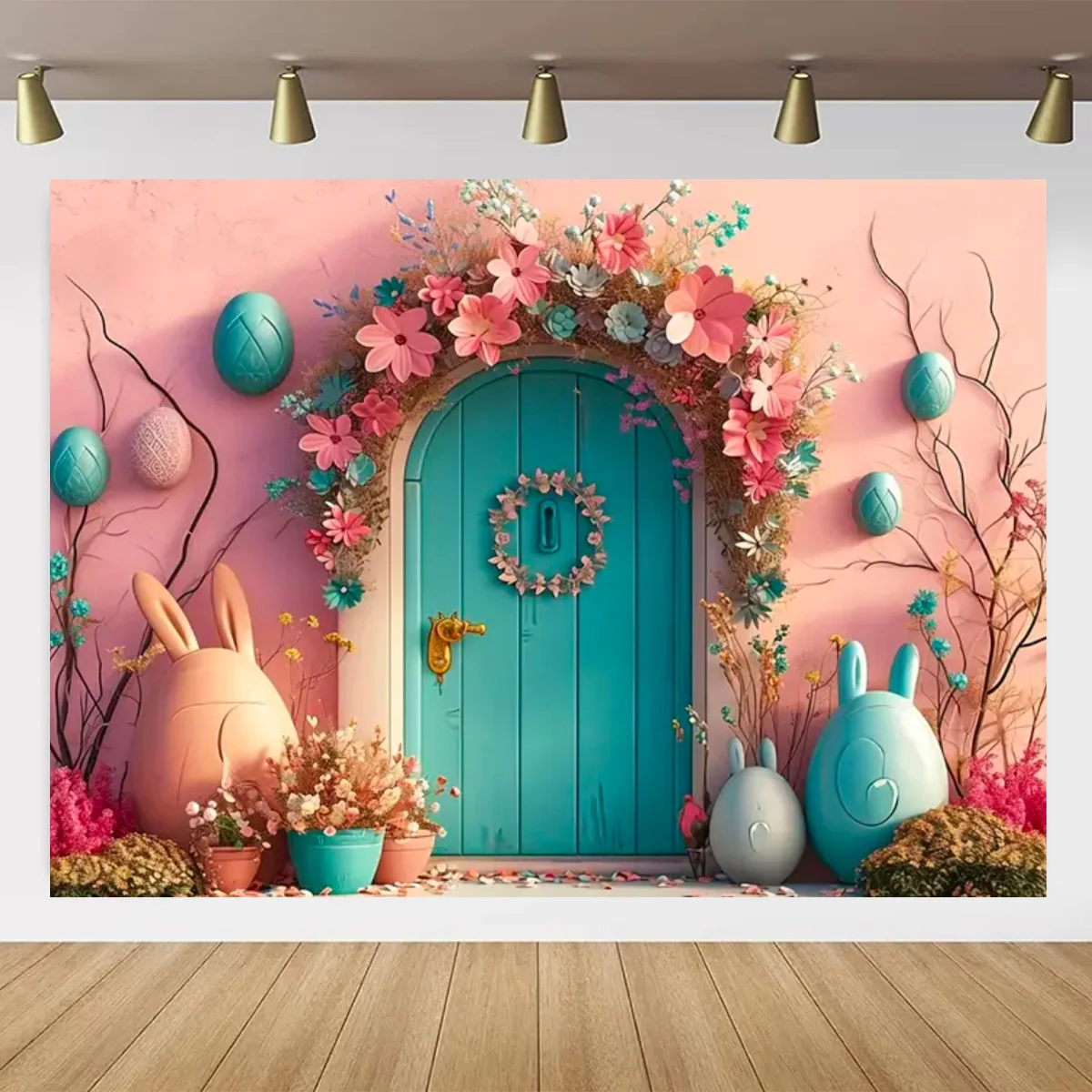 Spring Easter Background Green Wreath Rabbit Easter Egg Flower Grass Children\'s Party Decoration Photo Photography Background