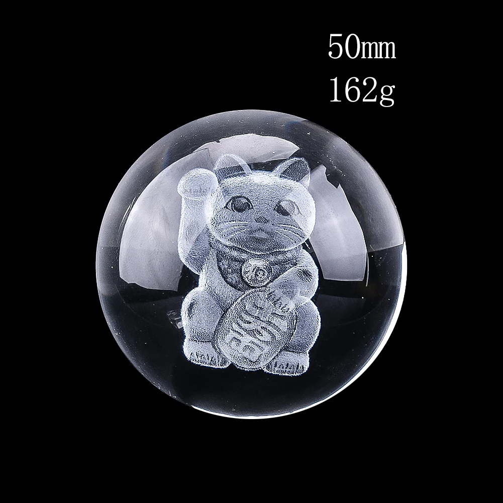 50mm Laser Engraving Lucky Cat Maneki Neko Clear Crystal Ball Prism Glass Charms Sun Catcher Fortune Mascot Ornament Desk Decor