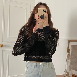 Hollow-out Top Women Sun Protective Tees Long Sleeve Round Neck Thin Air Conditioning Knit T-Shirts Women Pullovers