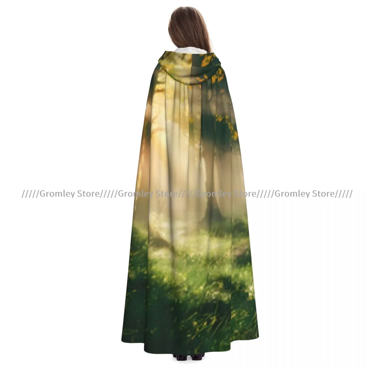 

Unisex Halloween Cloak Sunlight In The Green Forest Print Cape Hooded Medieval Costume Witch Wicca Vampire