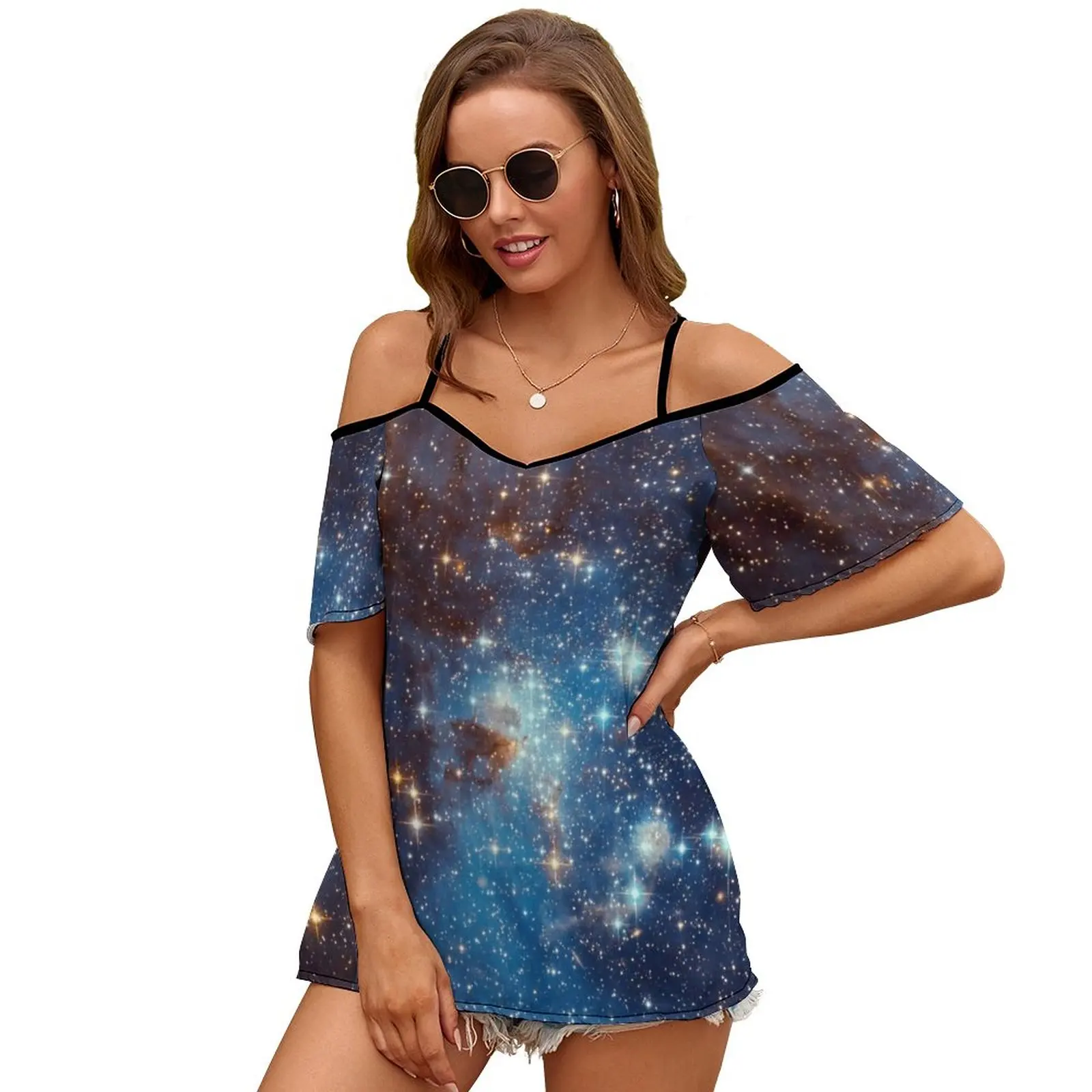 Blue Nebula Stars Space 2442 Women Print T Shirt Casual Off Shoulder Loose Pullover Tops Fashion Clothes Nebula Interstellar