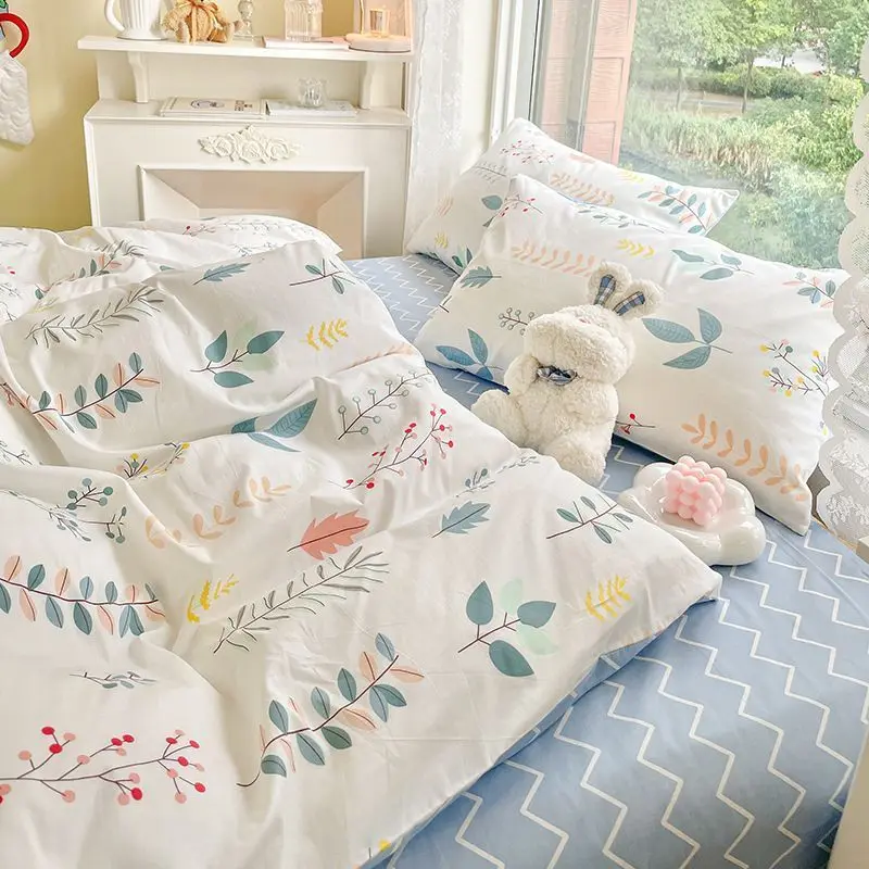 Floral Ins Bedding Set No Filler Twin Queen Size Flat Bed Sheet Pillowcases Duvet Cover with Zipper Boys Girls Quilt Cover