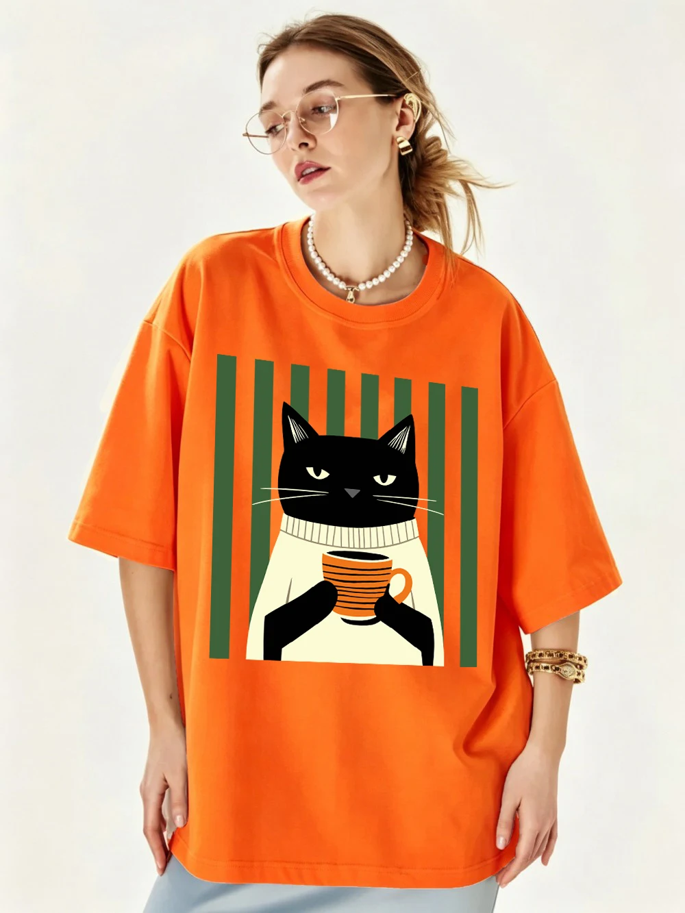 Schwarze Katze Kaffeetassen-Druck Baumwoll-T-Shirts Damen Sommer Oversized Tops Lässige Weiche Kurzarm-T-Shirts Basic O-Ausschnitt Kleidung – Detail 21