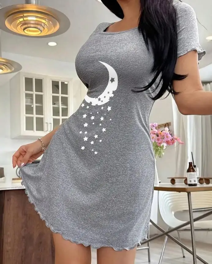 

Womens Dresses 2025 Summer New Fashion Stars & Crescent Moon Print Short Sleeve Loungewear Casual Frill Trim Mini Night Dress