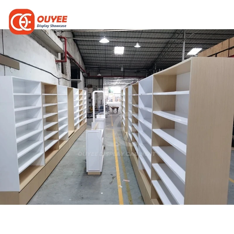 custom.New Design Modern Pharmacy Display Rack One Stop Service Powder Coated Metal Commercial Pharmacy Space