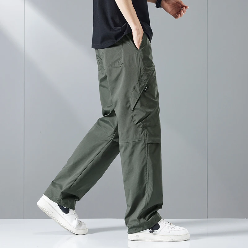 Herren-Cargohose aus Polyester, gerade, locker, weites Bein, Freizeithose, 2025, Sommer, Herbst, Outdoor, dünne Cargohose mit mehreren Taschen, Übergröße 5XL