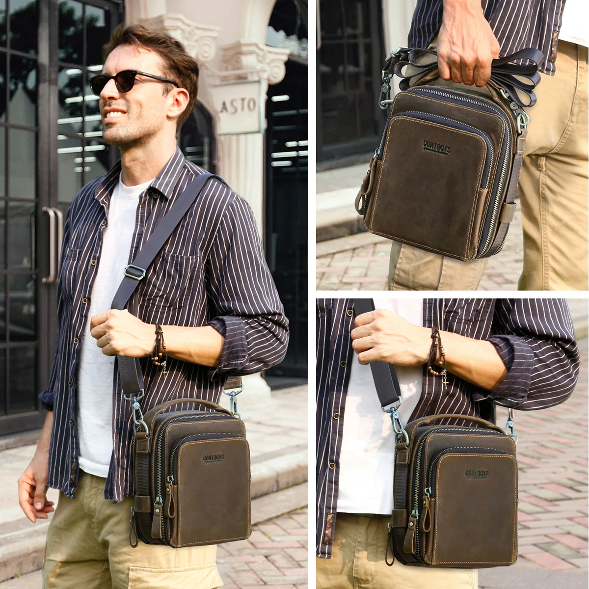 Men Small Shoulder Bag Genuine Leather Crossbody Messenger Bags for 8.3\'\' iPad Mini Vintage Designer Handbag Bolso Male New