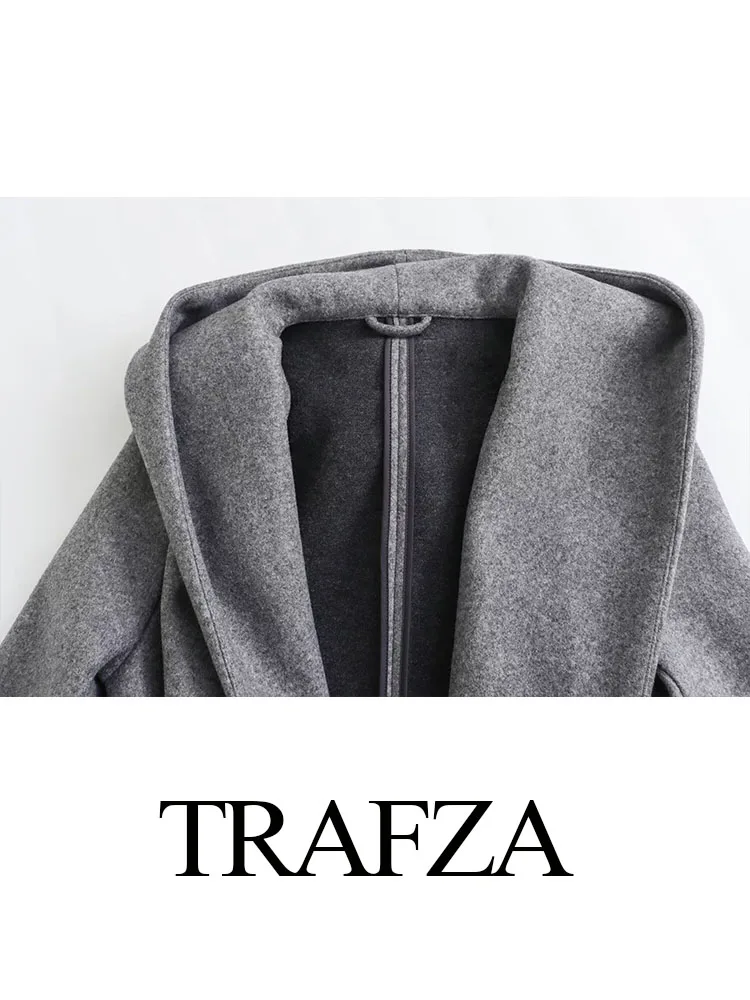 TRAFZA Women Fashion Solid Color Long Sleeve Belt Pockets Hooded Decorate Straight Overcoats Female Chic Warm Slim Seam Coats