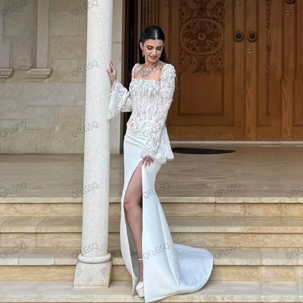 Couture Mrermaid Bridal Dress Beaded Embellishment Split Square Neck Applique Prom Gowns Full Sleeves 2 Pieces Long Party Dress