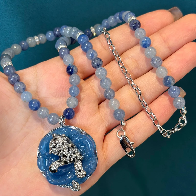 Vintage Blue And White Porcelain Patterned Beads Leopard Head Jewelry Sets For Woman Necklace Earrings Classic Art Deco Gift