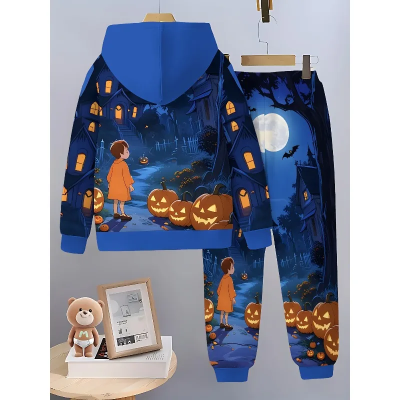 2025 2 قطعة موضة ثلاثية الأبعاد مطبوعة هالوين الخفافيش نمط هوديي غير رسمي الربيع/الخريف ملابس رياضية بأكمام طويلة #2