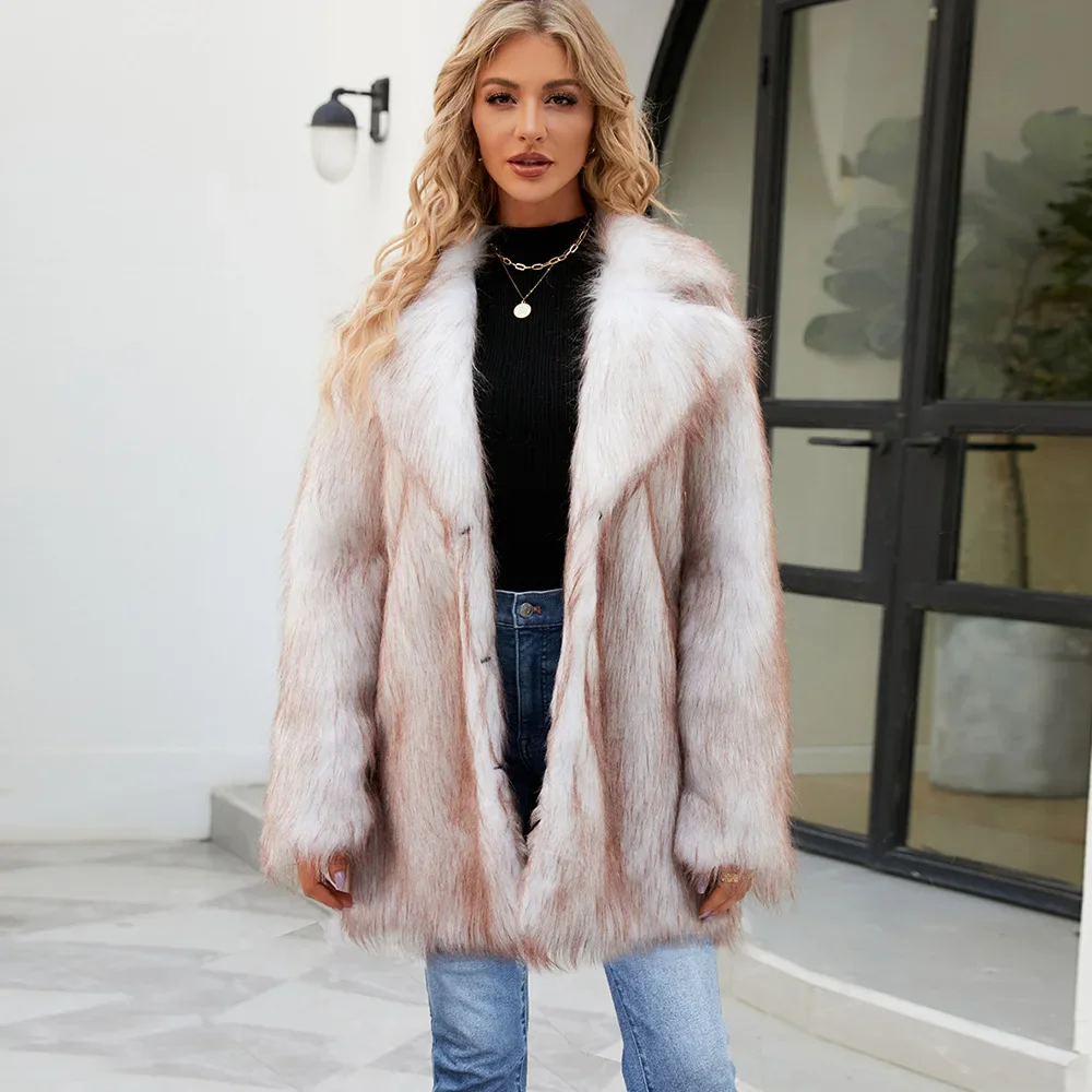 2024 High Street Women\'s Fashion Slim Faux Fur Medium Long Turn-down Collar Coat Jacket Winter Faux Fur Office Lady Coat Women