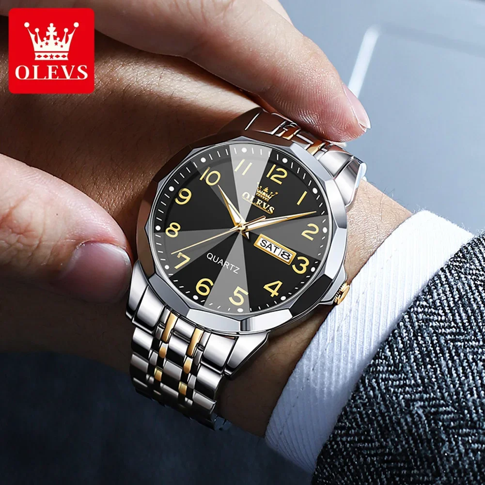 OLEVS 9970 Stainless Steel Strap Watches For Men, Waterproof Business Quartz Men Wristwatch Calendar Week Display