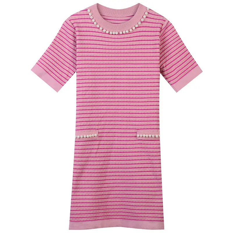 Pink French Temperament A Socialite Simplicity Generous Pearl Stripe Knitting Ice Shreds Women's Straight Tube Dress Summer 2024