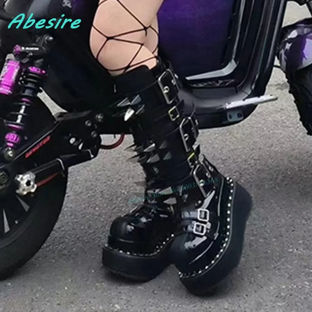 Multi-Buckles Knee High Boots Patent-Leather Patchwork Round Toe Thick Sole Zipper Shoes for Women Lolita Punk Rock Goth Shoes - view 4