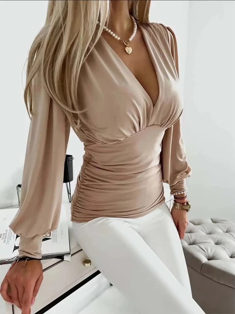 

Women's V-neck Bubble Sleeve blouse, fashionable T-shirt, single-color long-sleeved top， form-fitting clothing， autumn style