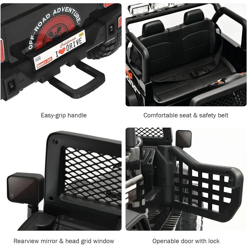 รถบรรทุกเด็กนั่งขับ 2 ที่นั่ง, รถยนต์ไฟฟ้าใช้แบตเตอรี่ 12V พร้อมรีโมทคอนโทรล, 2 ระดับความเร็ว, ระบบกันสะเทือนแบบสปริง, ไฟ LED, สีดำ